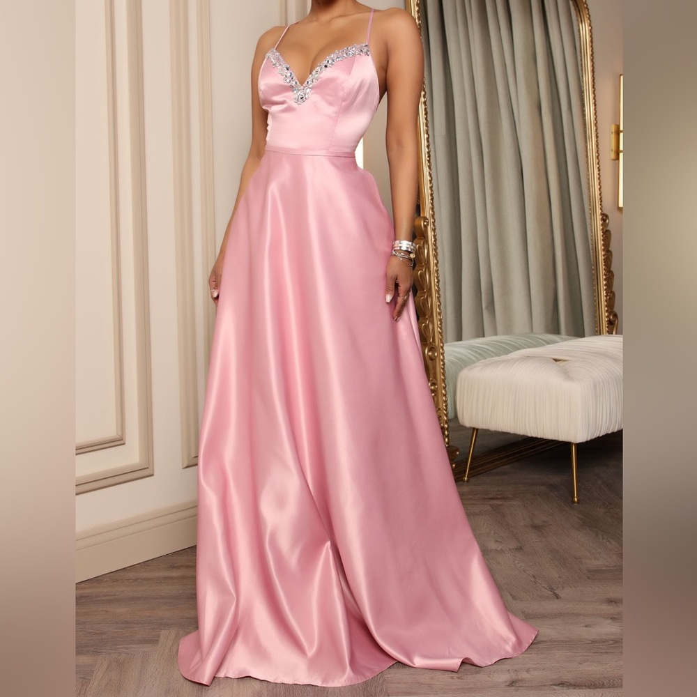 Fashion Nova 
Dreams Come True Satin Maxi Dress - Pink
Size: S
